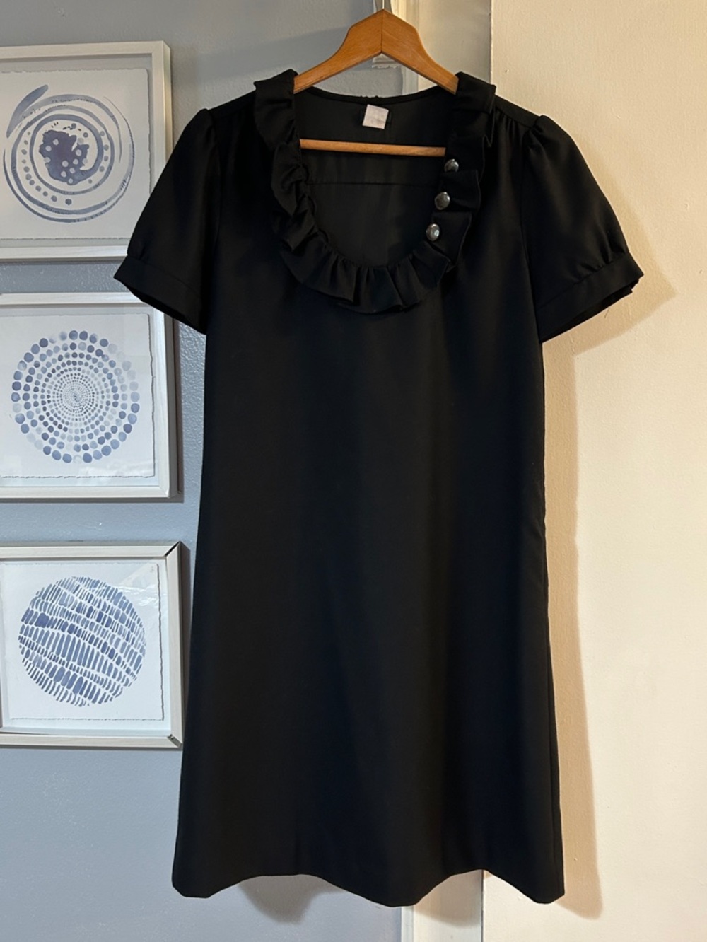 J. Crew Women’s Wool Blend Black Ruffle-Neck Short Sleeve Shift Dress Size 8